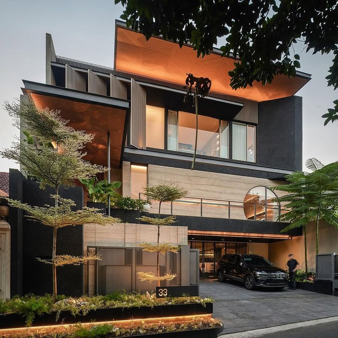 Contemporary deck house facade at dusk