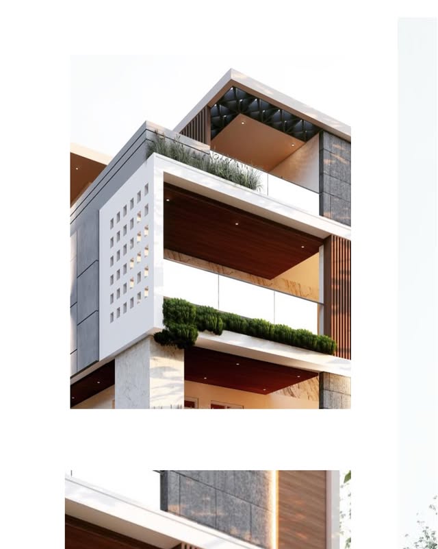 Contemporary facade detail with jaali lattice and wood cladding